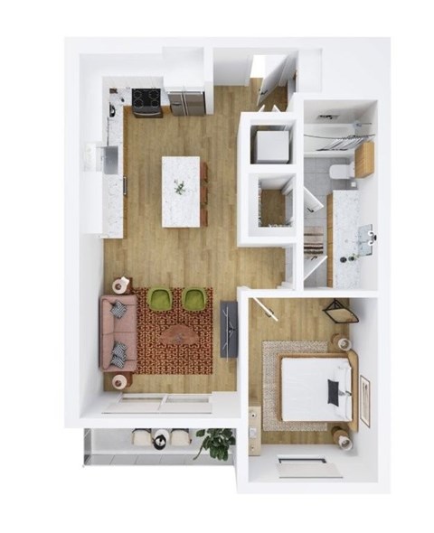 A top down view of a small apartment with a kitchen, living room, and bathroom.